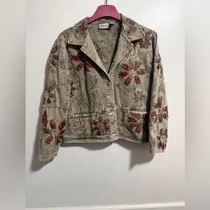 Chico's Olive Floral Embroidered Blazer